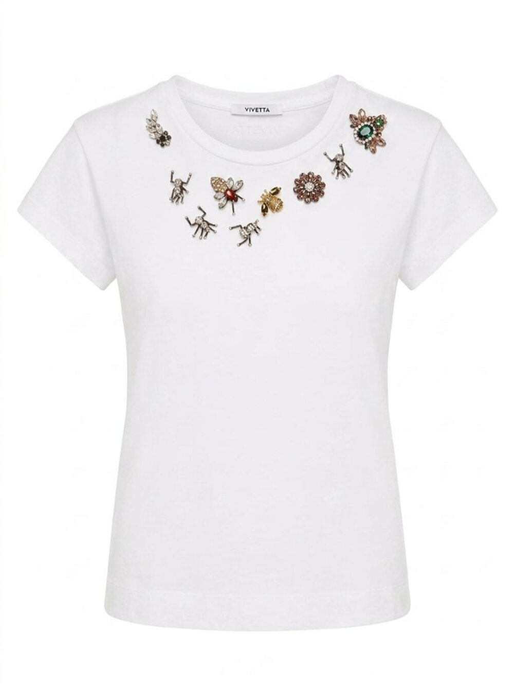 Vivetta White Cotton T-Shirt 3D Crystal Embellished Insect Bug Jewel IT 40